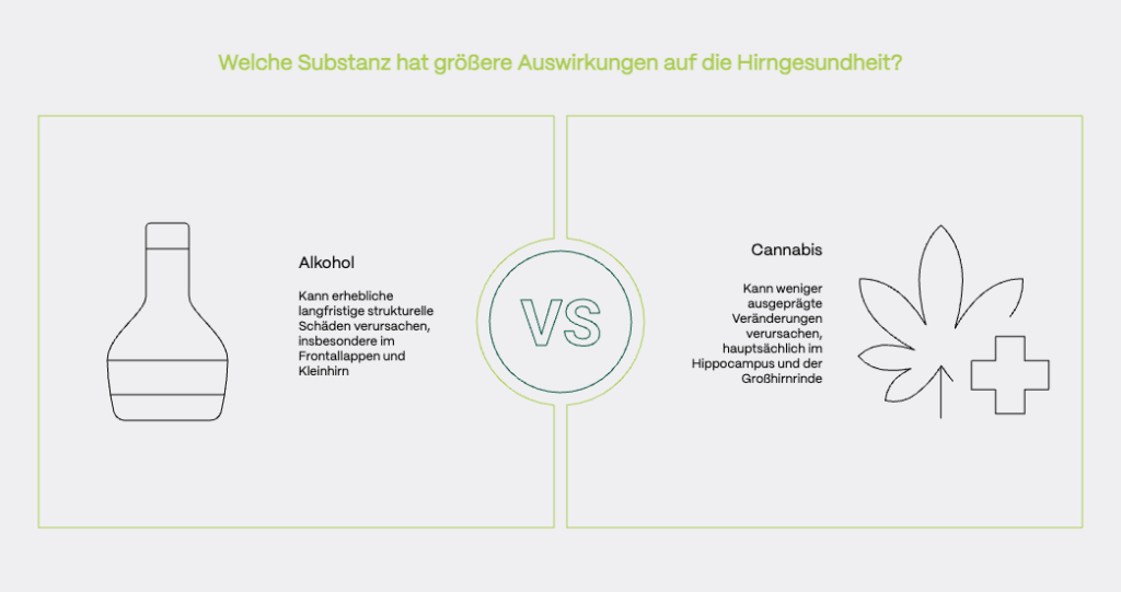 Vergleichsgrafik zu den potenziellen Auswirkungen von Alkohol und Cannabis auf die Gehirngesundheit. Links: Symbolische Darstellung einer Alkoholflasche mit dem Hinweis, dass Alkohol erhebliche langfristige strukturelle Schäden verursachen kann – insbesondere im Frontallappen und Kleinhirn. Rechts: Symbol eines Cannabisblatts mit medizinischem Kreuz und der Aussage, dass Cannabis weniger ausgeprägte Veränderungen verursachen kann – vor allem im Hippocampus und der Großhirnrinde. In der Mitte ein Kreis mit der Aufschrift „VS“.