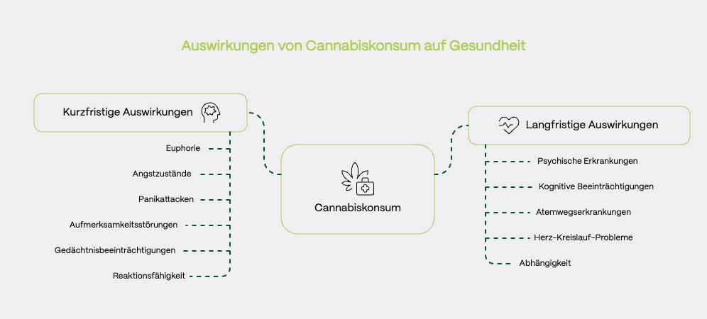 Visualisierung der kurzfristigen und langfristigen Auswirkungen von Cannabiskonsum: Kurzfristig u. a. Euphorie, Angstzustände, Gedächtnisprobleme; langfristig psychische Erkrankungen, Abhängigkeit und Herz-Kreislauf-Probleme.
