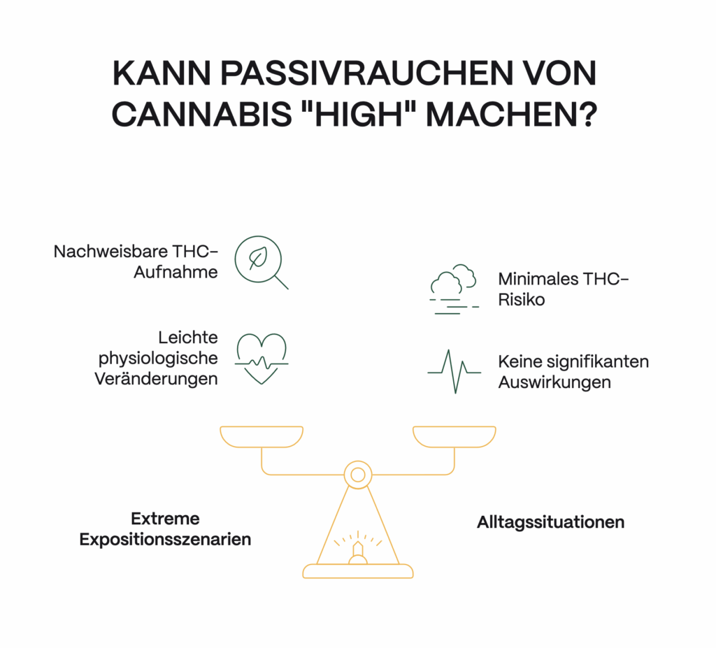Infografik Cannabis Passivrauchen: Studien zeigen nachweisbare THC-Aufnahme und leichte physiologische Veränderungen in Extremszenarien, aber im Alltag minimales Risiko ohne signifikante Auswirkungen.