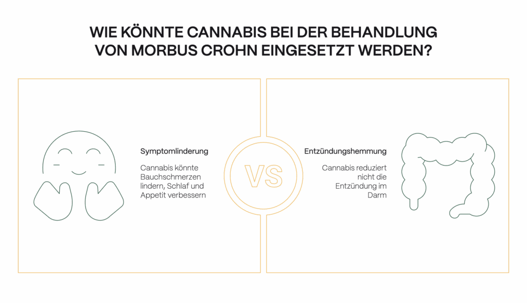 Infografik zur Wirkung von Cannabis bei Morbus Crohn. Links: Symptomlinderung wie weniger Bauchschmerzen, besserer Schlaf und gesteigerter Appetit. Rechts: Entzündungshemmung – Cannabis reduziert die Entzündung im Darm laut Studien nicht. In der Mitte ein „VS“-Symbol, das den Gegensatz zwischen Symptomlinderung und fehlender Entzündungsreduktion verdeutlicht.
